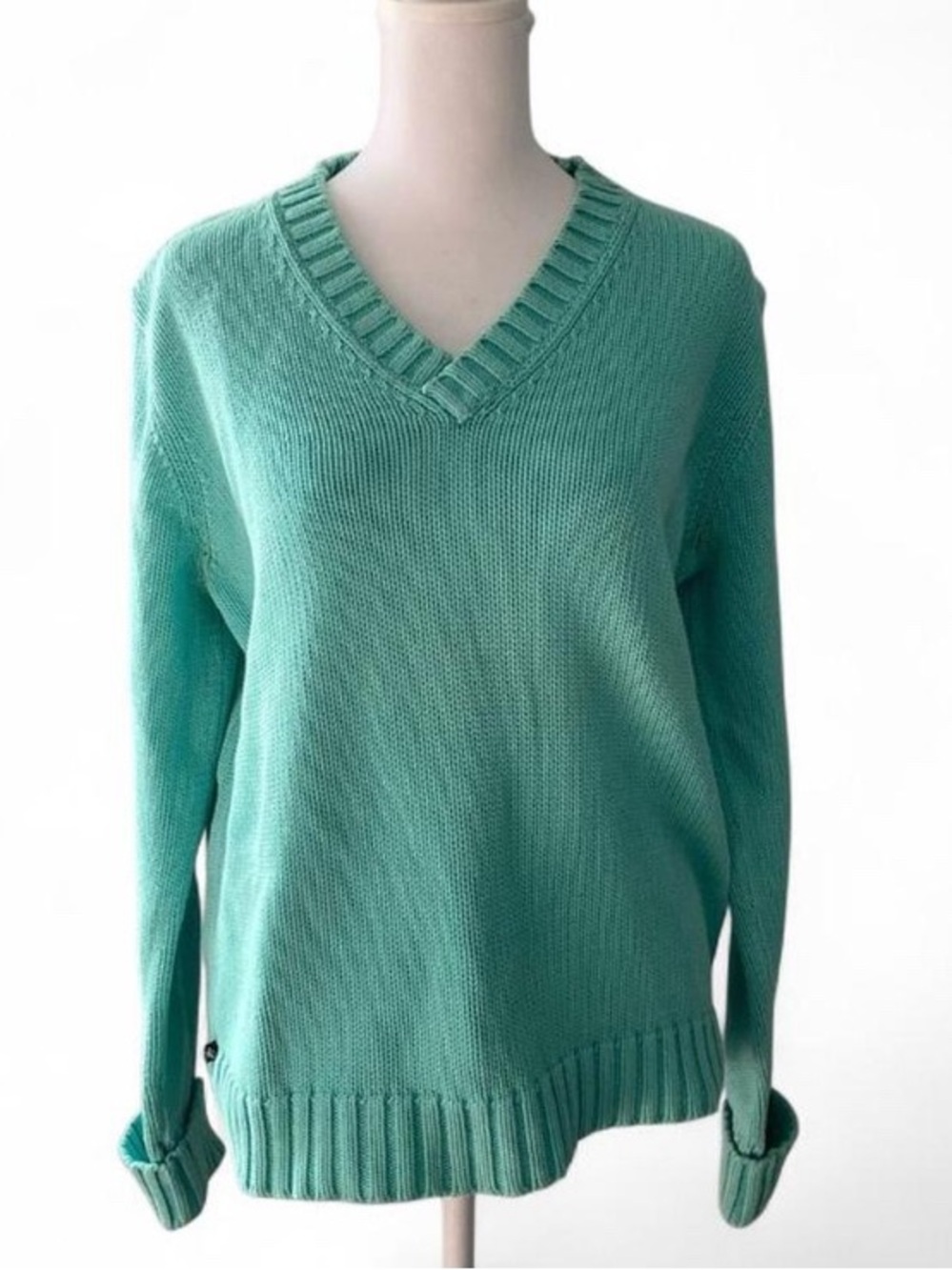 Lauren Ralph Lauren Vintage Chunky Knit Turquoise V Neck Sweater size Large - Picture 2 of 7